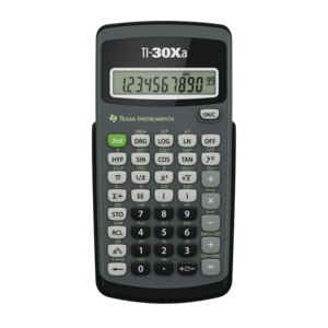 A TI-30XA scientific calculator.